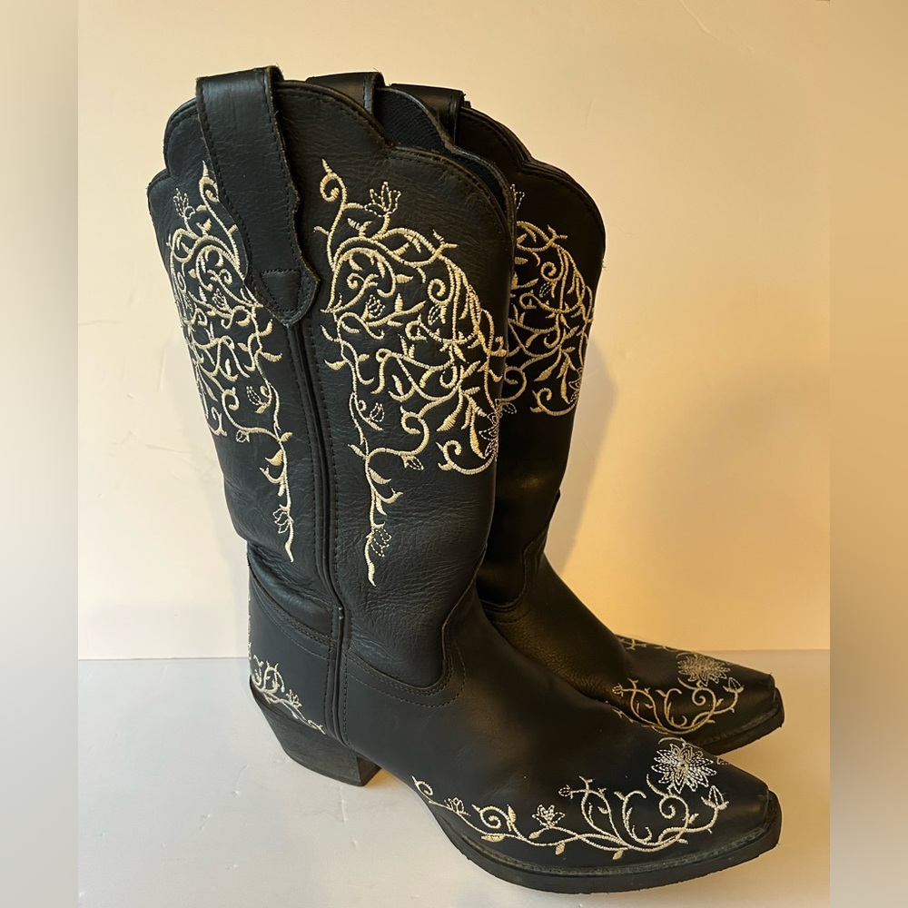 Laredo Western Boots Cowboy 12" White Flower Embroidered Black leather 9.5